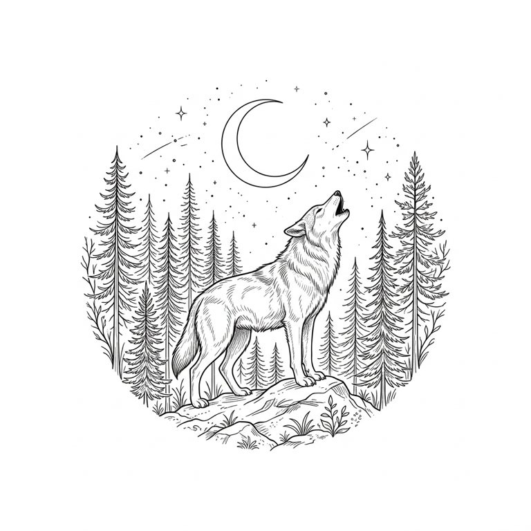 Fine-line wolf and moon tattoo design