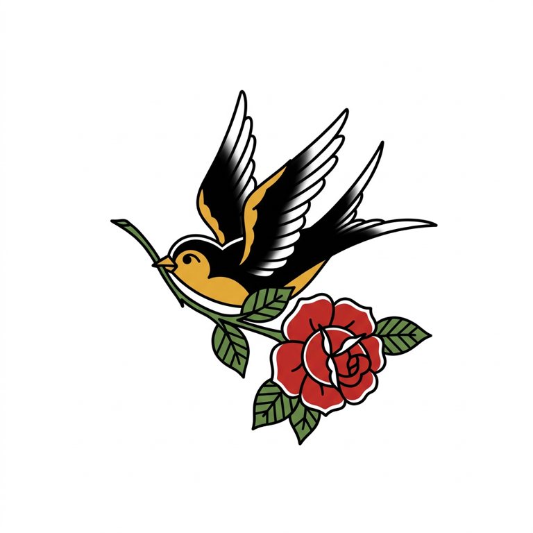 American traditional swallow and rose tattoo design